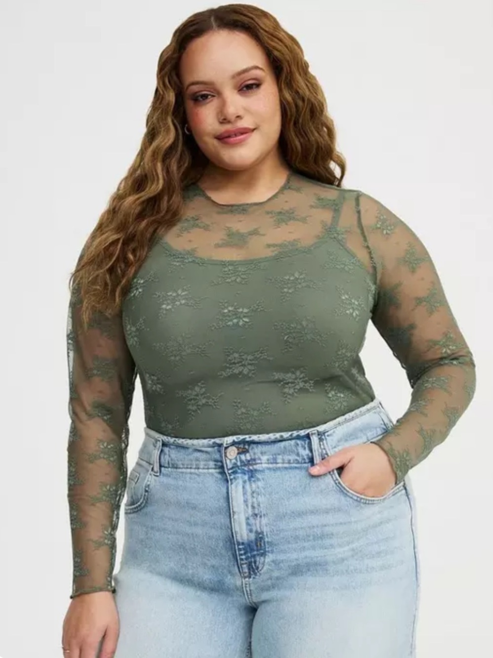 Blue Velvet | Olive Green Sheer Lace Top